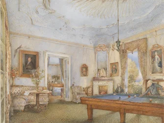 Biedermeierliches Interieur mit einem Billard spielenden Herrn