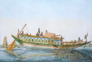 Badjera, ein Flussboot mit großem Paddelruder, aus 