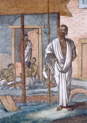 Geldwechsler in seinem Laden, sein Angestellter zeichnet Transaktionen auf und ein Haustier-Kakadu, aus 