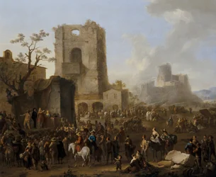 Eine italienische Stadtansicht mit tanzenden Figuren