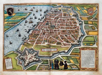 Karte von Antwerpen, aus "Civitates orbis terrarum" (kolorierte Gravur)