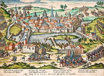 Papisten belagern Poitiers, Juli 1569, Gravur von Franz Hogenberg