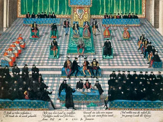 Sitzung der Generalstaaten in Orléans, Januar 1561, Kupferstich von Franz Hogenberg