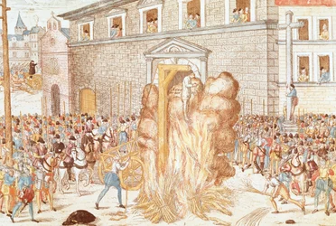 Die Hinrichtung des Magistrats Anne du Bourg, zum Hängen verurteilt, gefolgt von der Verbrennung der Leiche, 23. Dezember