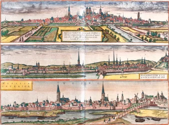 Ansicht von Münster (Monasterium), Osnabrück (Osnabrugum) und Wesel (Weselia), Deutschland (Radierung)