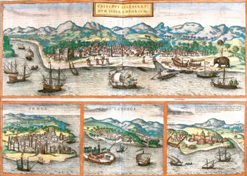 Ansichten von Kozhikode oder Calicut (Indien), Ormuz (Iran), Cannanore oder Kannur (Indien) und St. George of the Mine oder Elmina (Ghana)