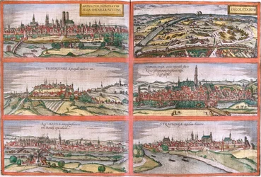 Ansichten von München (Monacum), Ingolstadt (Ingolstadium), Freising (Frisingensis), Nördlingen (Nordlinga), Regensburg (Ratispona) und Straubing (Stravbinga), Deutschland
