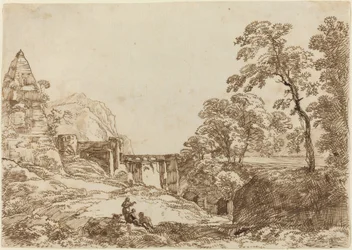 Landschaft mit einer Pyramide und klassischen Ruinen