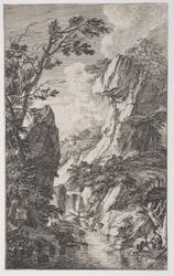 Tafel 4: zwei Fischer am Ufer eines Baches rechts, ein Wasserfall in der Mitte