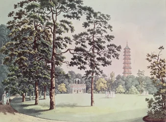 Ansicht in den Kew Gardens von der Alhambra und Pagode, graviert von Heinrich Joseph Schutz, ca. 1798
