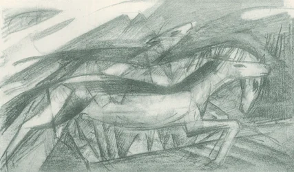 Jagende Pferde in abstrakt geformter Landschaft