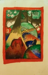 Rotes und blaues Pferd in Landschaft