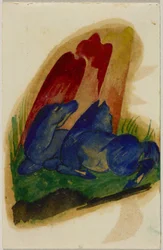 Zwei blaue Pferde vor einem roten Felsen