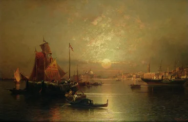 Schiffe in der Lagune, Venedig, bei Sonnenuntergang