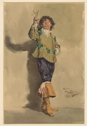Mann in Louis XIII-Kleidung, stehend, dreiviertel nach rechts, ein Glas Wein hebend