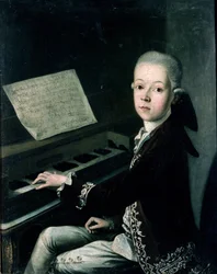 Porträt von Carl Graf Firmian am Klavier, früher als Wolfgang Amadeus Mozart gedacht