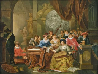 Musikgesellschaft in einem palastartigen Innenraum mit Statuen und Kunstwerken