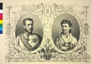 Doppelbild von Franz Joseph I., Kronprinz Rudolf und Prinzessin Stephanie