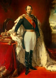 Porträt von Napoleon III. (1808-1873), Kaiser der Franzosen vor einer Ansicht des Schlosses Saint Cloud. Gemälde von Franz Xaver Winterhalter (1806-1873) 1855 Höhe 2,4x1,5 m