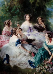 Die Kaiserin Eugenie (1826-1920) im Jahr 1855 umgeben von den Ehrendamen des Detailpalastes, die Prinzessin von Essling, die Baronin von Steinen, die Viscountess Lezay-Marnesia, der Kaiser oben in Weiß und die Marquise von Montebello