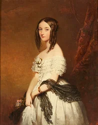 Ein Stillleben mit verschiedenen Blumen in einer Vase und gemischten Früchten auf einem Sims