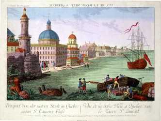 Ansicht der Unterstadt in Quebec in Richtung des Sankt-Lorenz-Stroms. Stich von Franz-Xavier Habermann