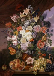 Früchte und Blumen auf einem Sims mit Landschaft. Gemälde von Franz Xaver Petter (1791-1866) Privatsammlung