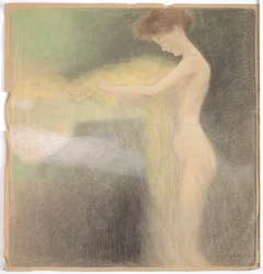 Weiblicher Akt mit ausgestreckten Händen nach links