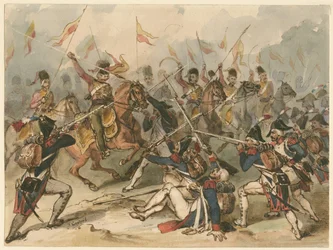 Französische Infanterie und russische Husaren im Kampf bei Austerlitz