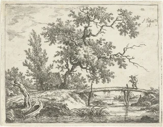 Landschaft mit Mann auf Brücke