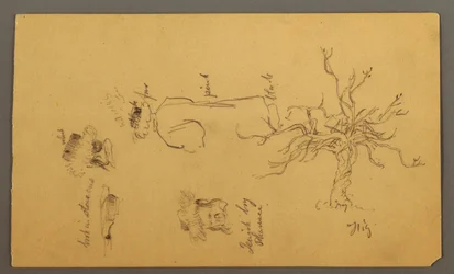 Kostümentwurf eines jüdischen Jungen, beschrieben als Pharisäer, ein Feigenbaum und Köpfe, Palästina