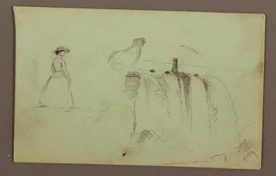 Gehendes Mädchen, hockendes Huhn und die American Falls am Niagara River