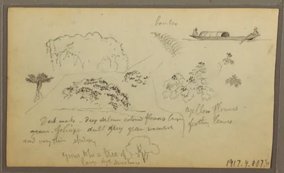Zeichnung, Kirche, Türme; Verso: Figuren im Kanu, Botanische Skizzen, 1857