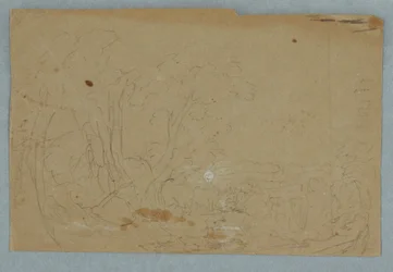 Bewölkter Himmel über hügeliger Landschaft; Rückseite: Vollmond spiegelt sich in einem Bach, 1845–50