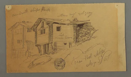 Details von Berghütten, Häusern und einem Felsen, Berner Alpen, Schweiz, 3. September 1868