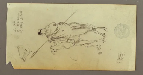 Zeichnung, Figur auf einem Kamel reitend, mit Speer, zwei Figurenstudien, möglicherweise 1868
