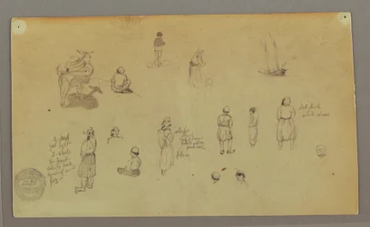 Zeichnung, Figurenstudien, Packesel, Segelboot, möglicherweise 1868