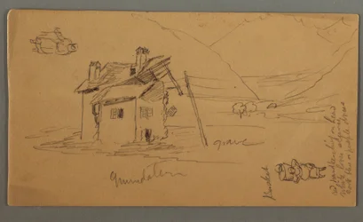 Halbverfallenes Haus im Tal, zwei Figuren