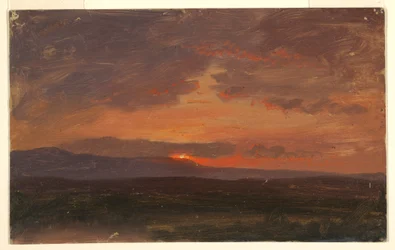 Zeichnung, Hudson Valley, New York mit Sonnenuntergang hinter den Catskill Mountains, 1855–65