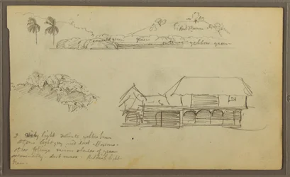 Zeichnung, Landschaft, Baumwipfel, Haus, 1857