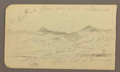 Zeichnung, Landschaft, Häuser; Rückseite: Baumwipfel, Februar 1885