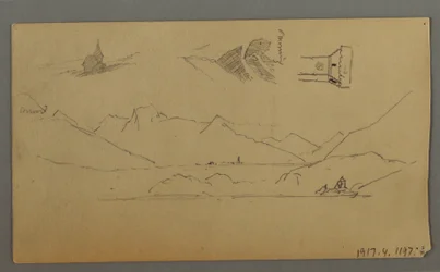Zeichnung, Mittelalterliche Burg, Zwei Türme, Figurenstudien, in der Nähe von Thun, möglicherweise 1868