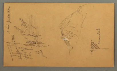 Zeichnung, Berggipfel, Vegetation am Teich, 1868