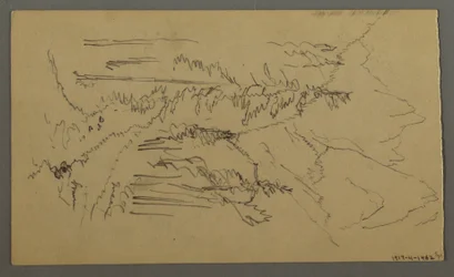 Zeichnung, Berggipfel, Zwei Figuren in einem Ruderboot, August 1868