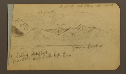 Zeichnung, Gebirgskette; Rückseite: Berge, bewölkter Himmel, 1889
