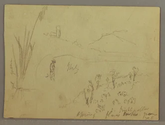 Zeichnung, Skizzen aus Italien: Gebäude mit Turm, Berg und Mann, 29. April 1869