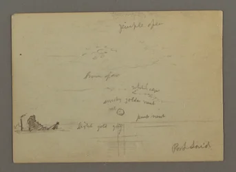 Zeichnung, Sonnenuntergang über dem Meer, Dampfschiff, möglicherweise 1868