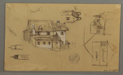 Zeichnung, Holzhaus, Himmel, Österreich, 1. August 1868
