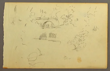 Bäume, Brücke, Gesichter im Profil, möglicherweise 1844