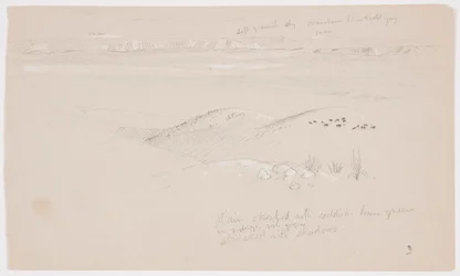 Blick über die Hügel und Ebene zu den Bergen, Tal von El Yemen, Februar 1868